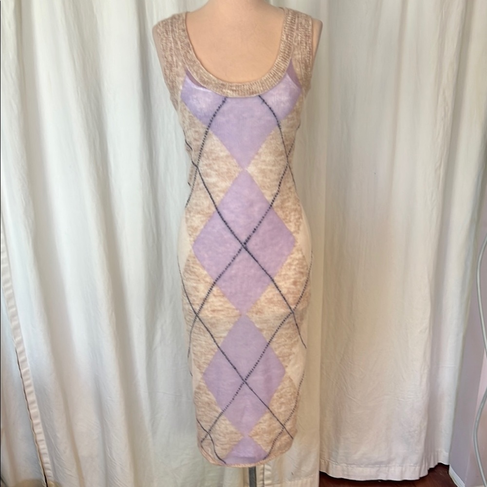 STAUD Purple and Cream Argyle mohair knit sleeveless Midi Dress w/slip